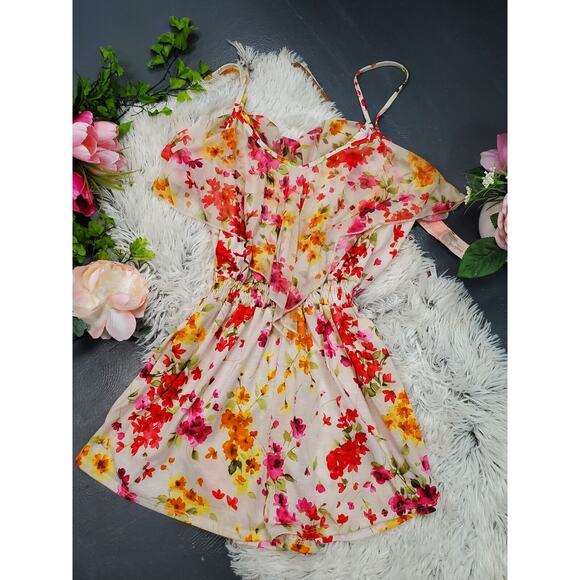 LVINTAGE IPSY LONDON LADIES LARGE 12 FLORAL PRINT CAMI PLAYSUIT ROMPER RUFFLE